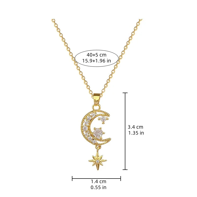 Fashionable Moon Micro-inlaid White Tassel Hexagonal Star Necklace Classic Stainless Steel Versatile Clavicle Chain