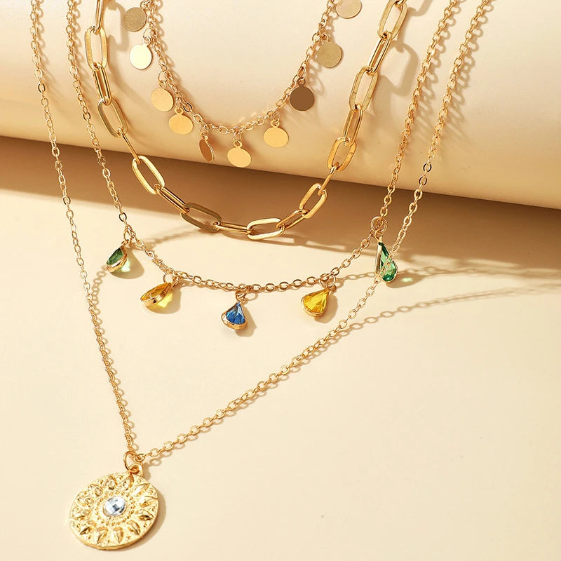 New Fashion Geometric Sequins Tassel Choker Necklace for Women Boho Star Moon Pendant Multi Layered Chain Necklace Party Jewelry