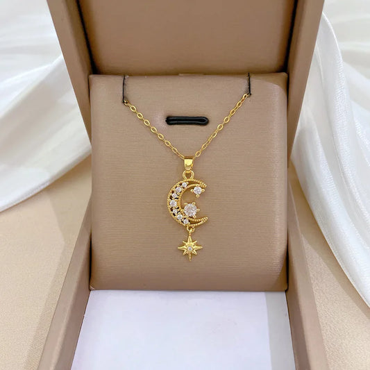 Fashionable Moon Micro-inlaid White Tassel Hexagonal Star Necklace Classic Stainless Steel Versatile Clavicle Chain