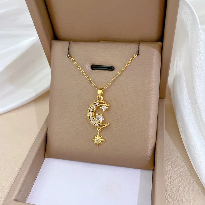 Fashionable Moon Micro-inlaid White Tassel Hexagonal Star Necklace Classic Stainless Steel Versatile Clavicle Chain