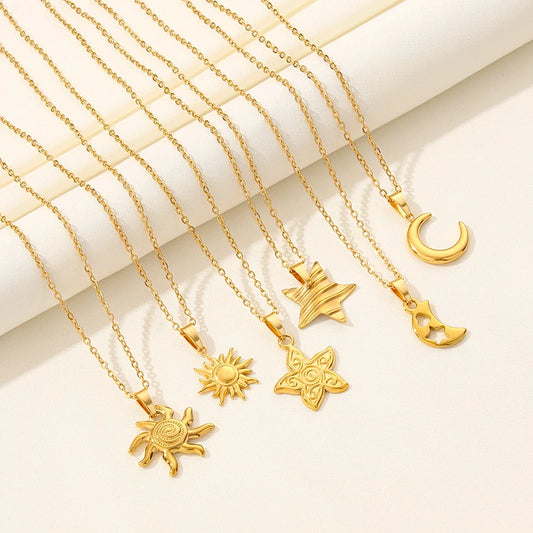 Classic Sun Moon Star Pendant Necklace Link Chain On The Neck Decor Stainless Steel Necklaces For Women Men Accessories Jewelry