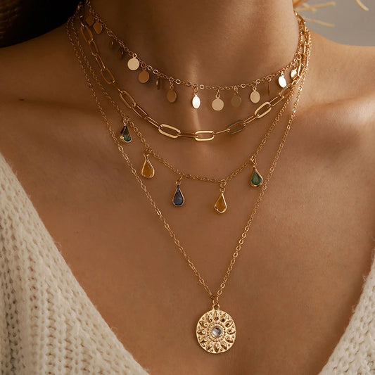 New Fashion Geometric Sequins Tassel Choker Necklace for Women Boho Star Moon Pendant Multi Layered Chain Necklace Party Jewelry