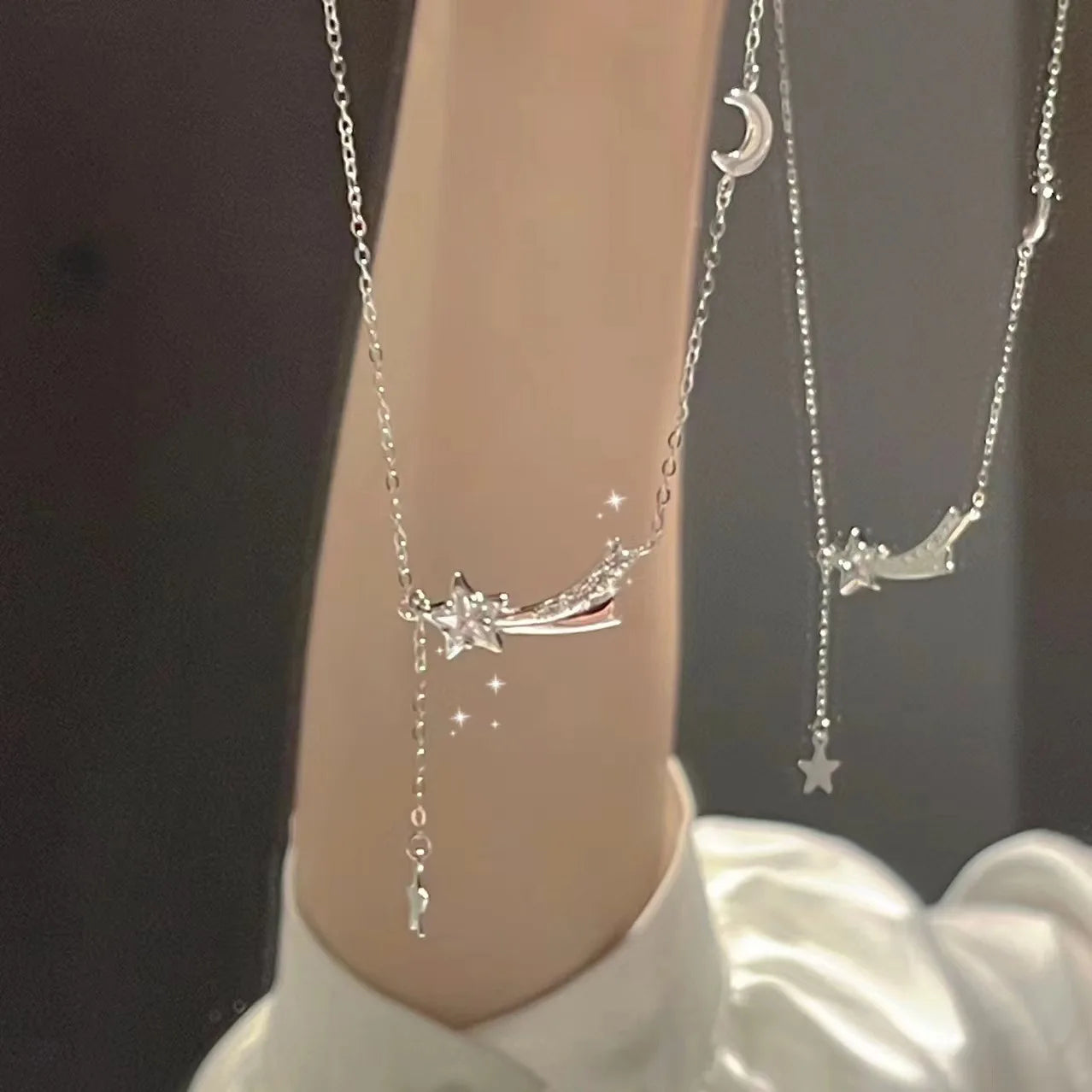 Simple Silver Color Moon Star Tassel Pendant Necklace for Women – Dainty Jewelry