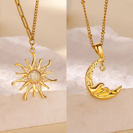 Vintage Sun Moon Pendant Necklace For Women Gold Color Stainless Steel Chain Necklaces Celestial Aesthetic Jewelry Collier mujer