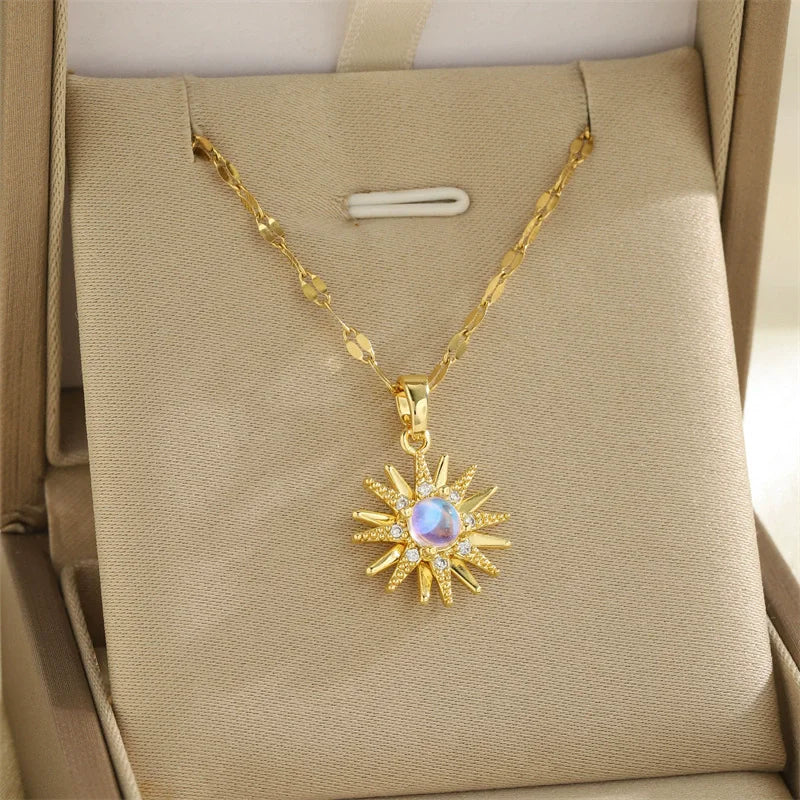 Sun Necklace, Woman Jewelry ,Fashion Wedding Party Accessories Gold Plated, Opal Sun Pendant ,Rapunzel Choker, Gift