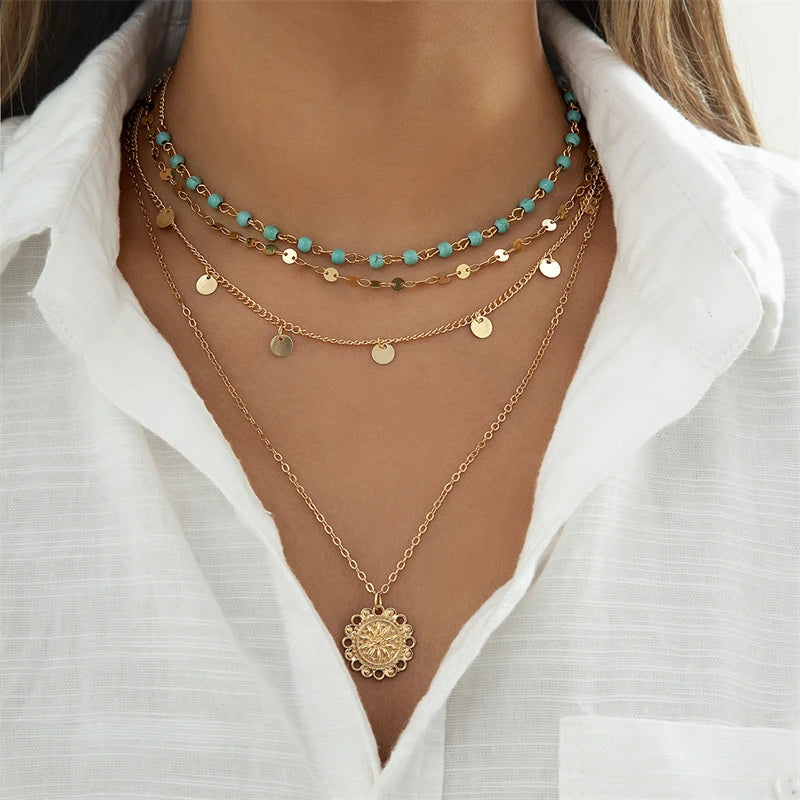 New Fashion Geometric Sequins Tassel Choker Necklace for Women Boho Star Moon Pendant Multi Layered Chain Necklace Party Jewelry