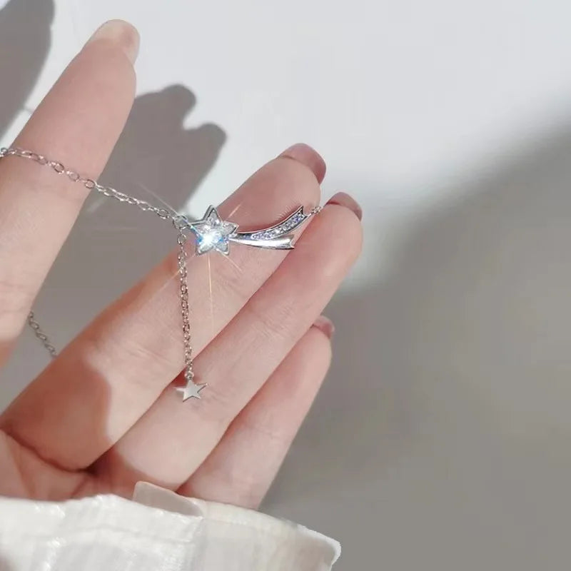 Simple Silver Color Moon Star Tassel Pendant Necklace for Women – Dainty Jewelry
