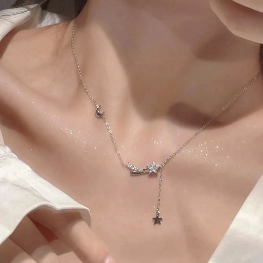 Simple Silver Color Moon Star Tassel Pendant Necklace for Women – Dainty Jewelry