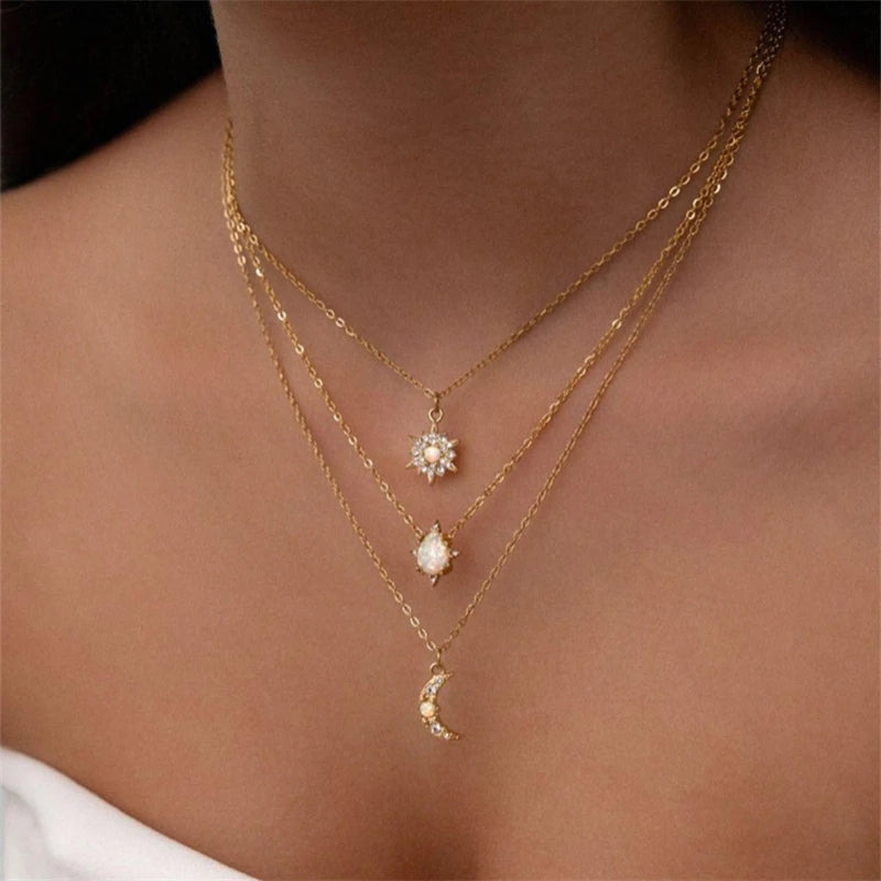New Fashion Geometric Sequins Tassel Choker Necklace for Women Boho Star Moon Pendant Multi Layered Chain Necklace Party Jewelry