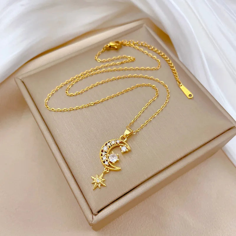 Fashionable Moon Micro-inlaid White Tassel Hexagonal Star Necklace Classic Stainless Steel Versatile Clavicle Chain