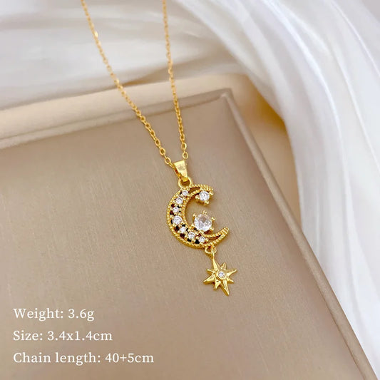 Fashionable Moon Micro-inlaid White Tassel Hexagonal Star Necklace Classic Stainless Steel Versatile Clavicle Chain