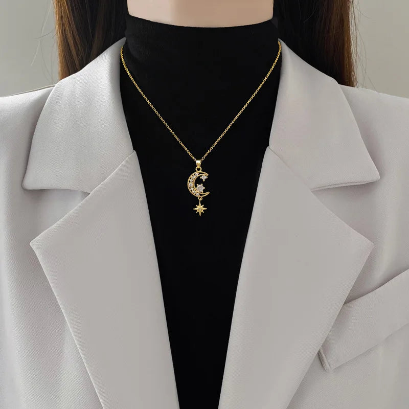 Fashionable Moon Micro-inlaid White Tassel Hexagonal Star Necklace Classic Stainless Steel Versatile Clavicle Chain